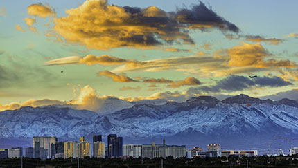 Snow capped Spring Mountains behind Las Vegas.