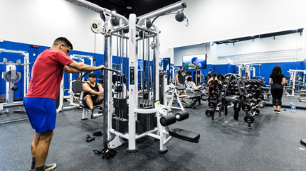Students working out on machines and free weights in a gym.