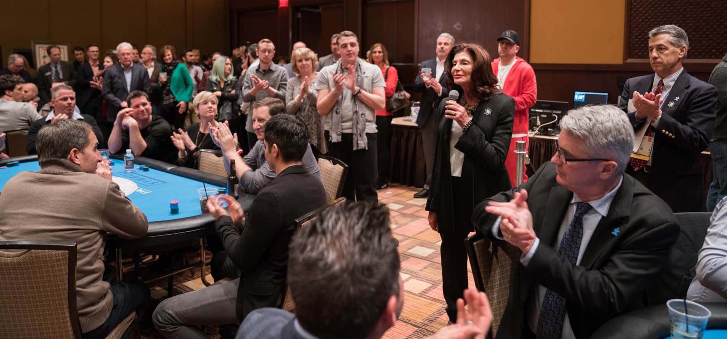Shelley Berkley speaking at the Ante 4 Autism Celebrity Poker Tournament.