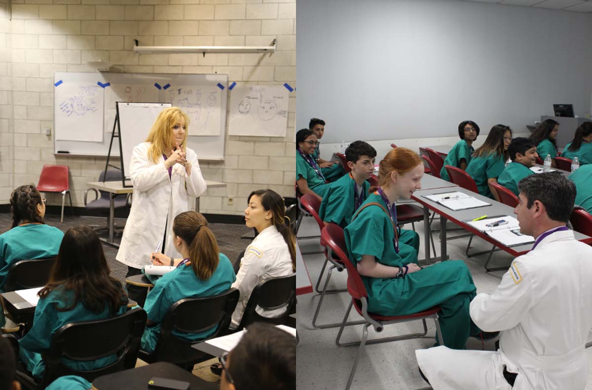 Drs. Daliah Wachs and Noah Kohn speaking to high school students.