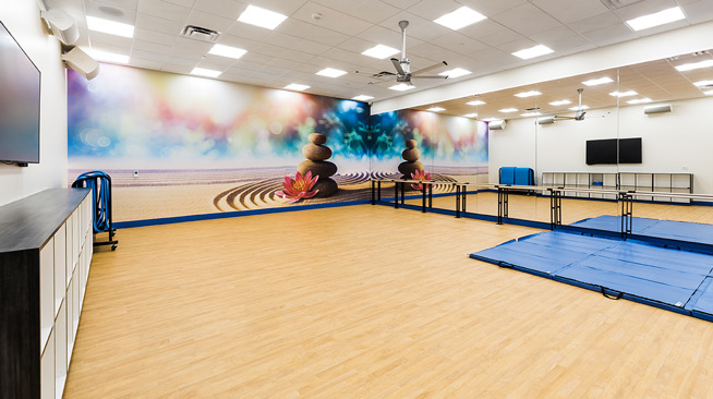 An empty dance studio with large mirrors, ballet barres, and yoga mats. A large mural covering the back wall shows a sandy beach with river rocks stacks and a lotus flower.