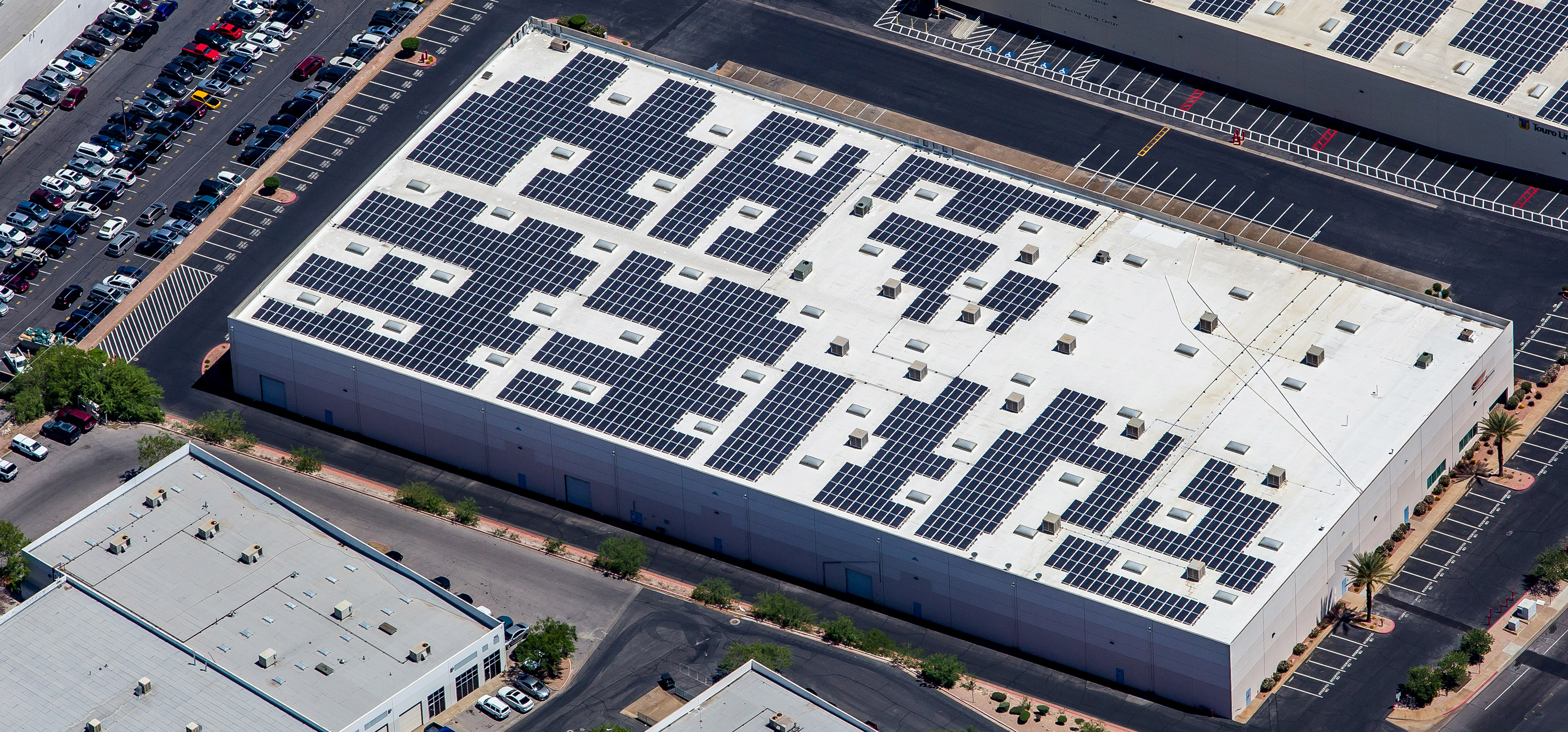 An aerial view of Touro Nevada\'s solar panels.